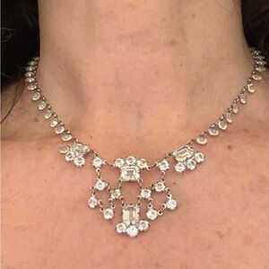 Vintage Art Deco Style Rhodium Plated Clear Crystal Open-Back Necklace - 16 inch